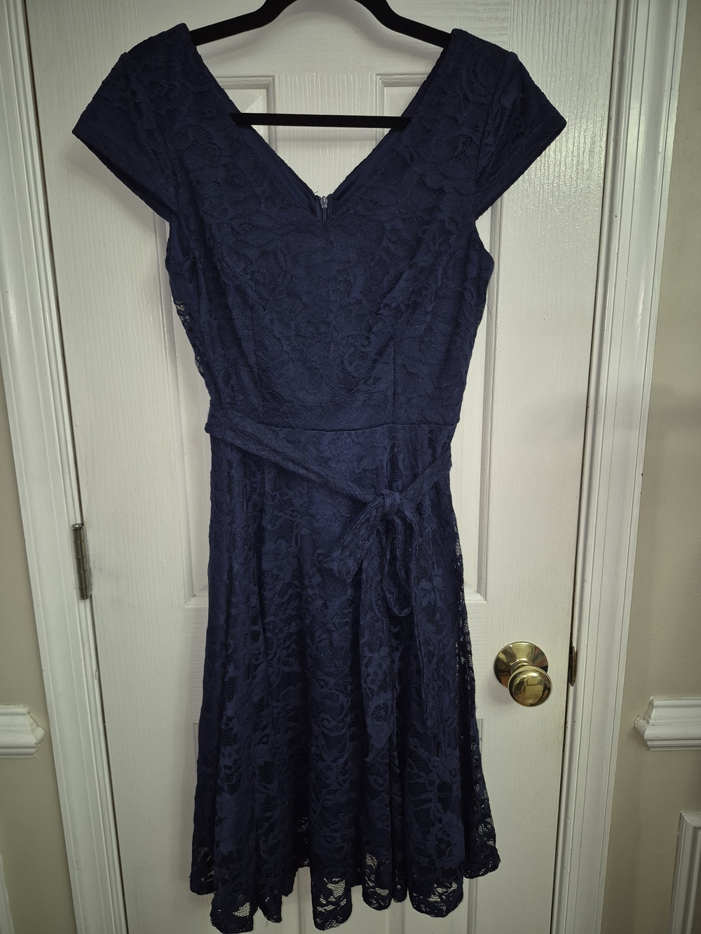 Navy Blue Floral Lace V-Neck Cap Sleeve Fit & Flare Cocktail Dress